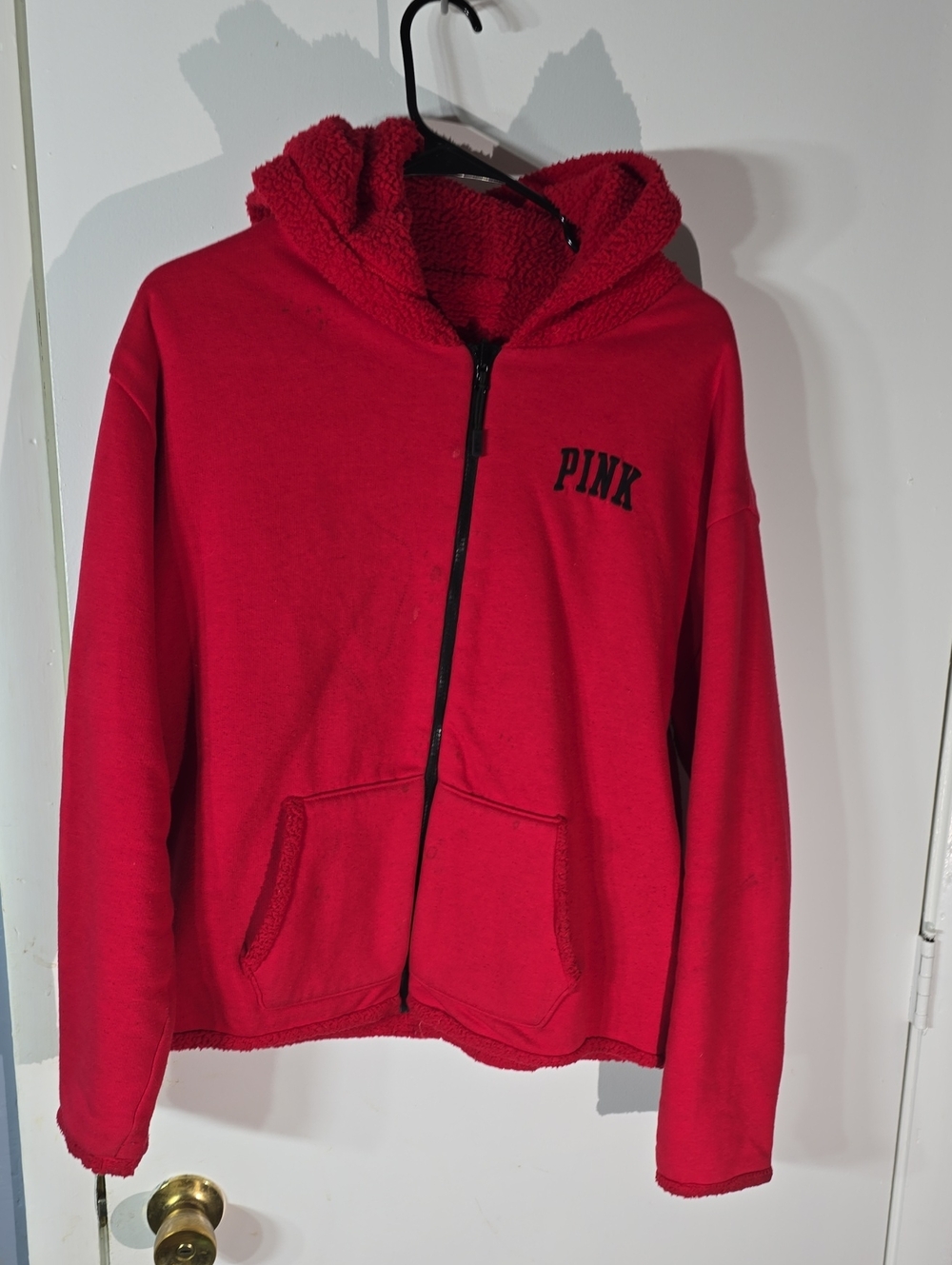 PINK Victoria's Secret Bright Red Sherpa-Lined Zip Hoodie